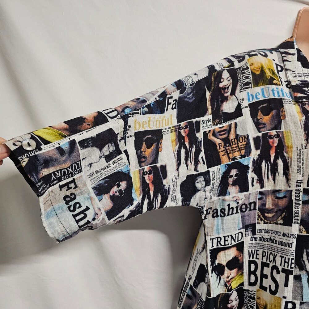 John Mark Women Graphic Button Up Collared Top Blouse Shirt Size L Deep Slits - Picture 11 of 13